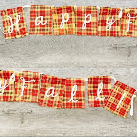 Plaid 'Happy Fall' Banner, Orange, white, and yellow, good condition - Picture 1 of 3